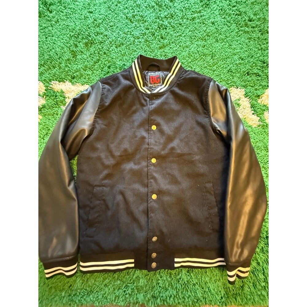 Beautiful Giant Varsity Jacket Mens Large Black Good Faux Leather Corduroy